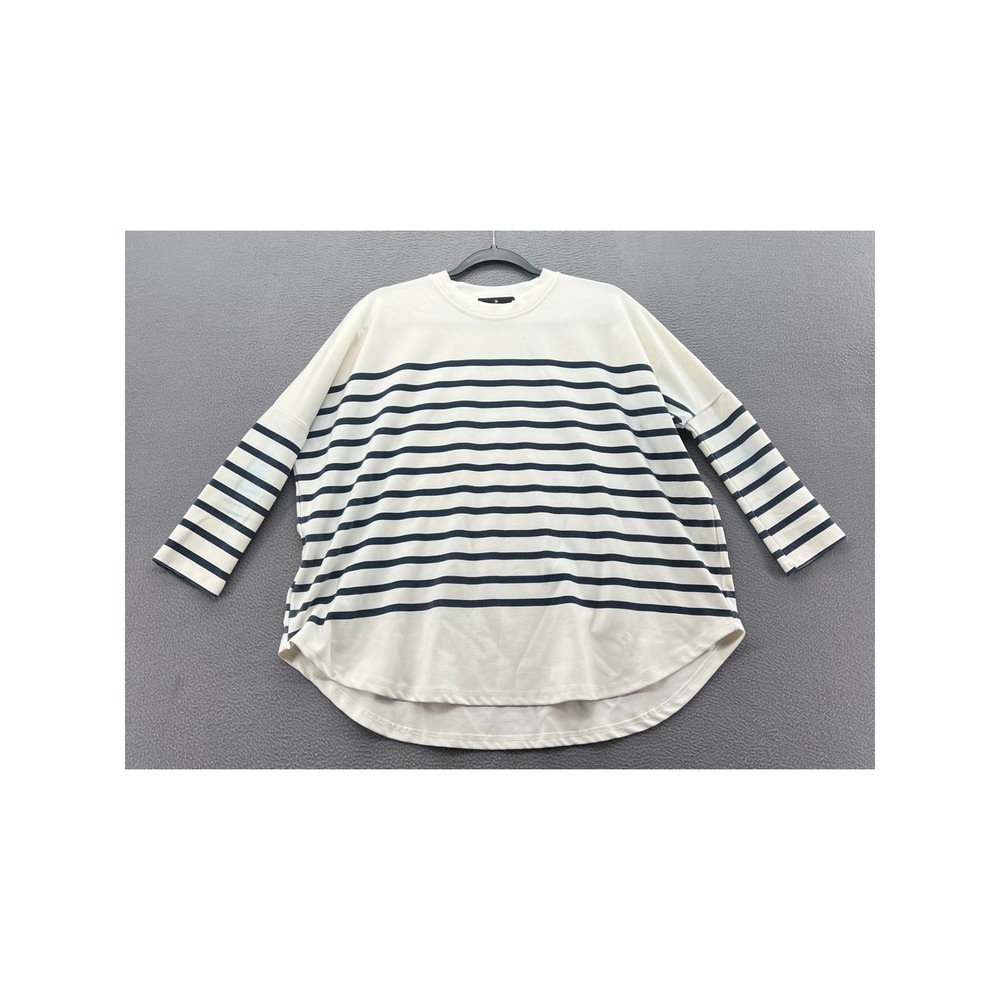 Pomander Place Shirt OS Striped Oversized Tunic Top Cream Navy Blue